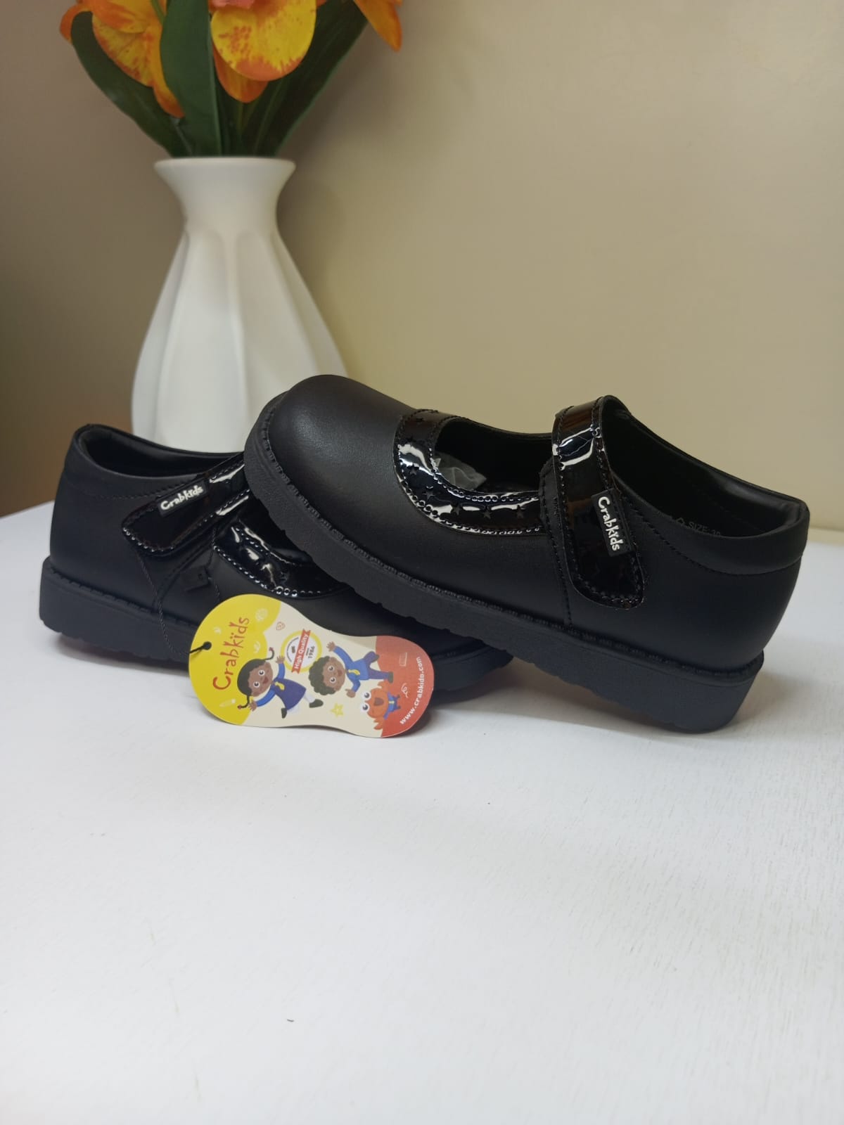 CrabKids Patent Trim Velcro School Shoe